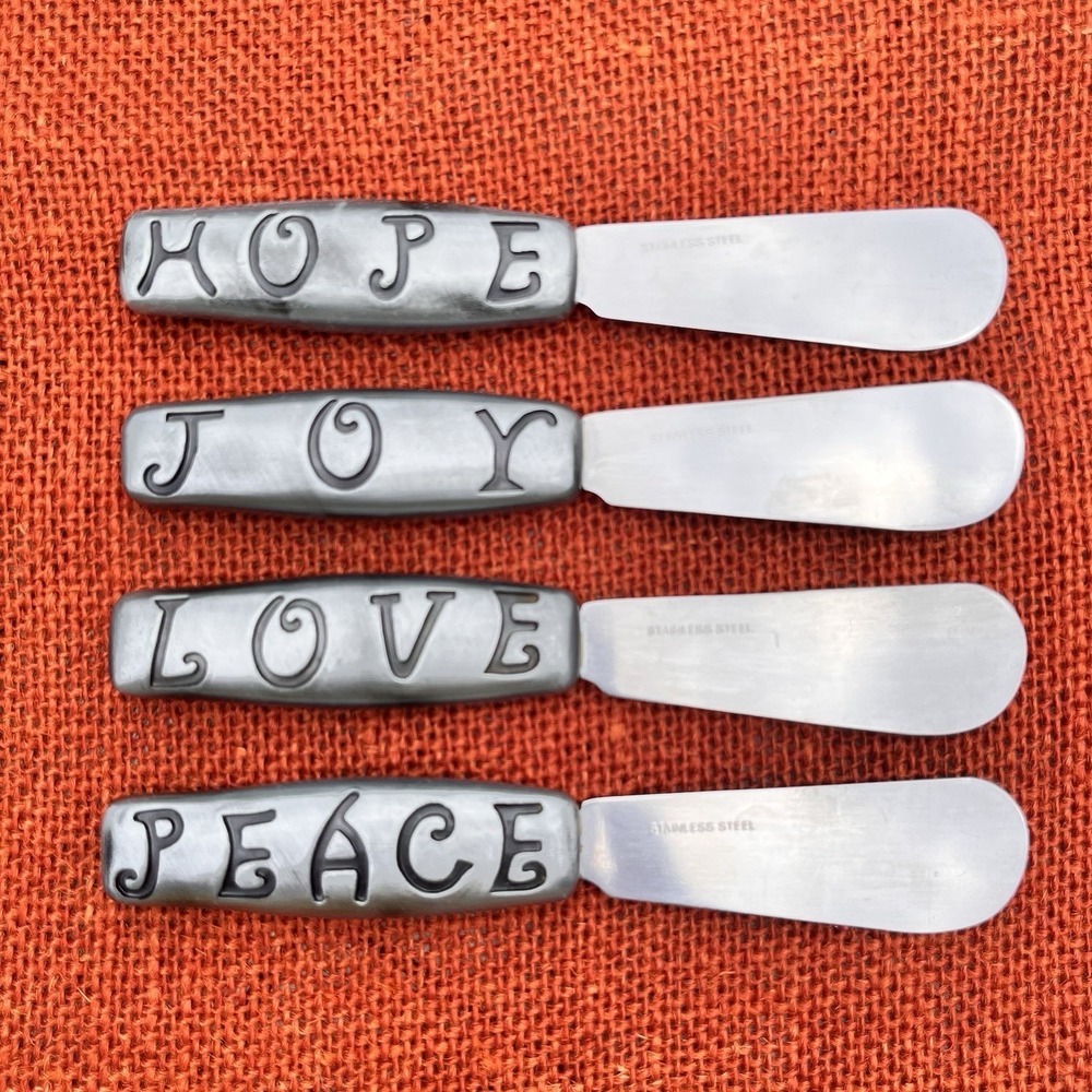 Holiday Spreader Knife Set (4) Stainless‎ Cheese Appetizer Joy Love Peace Hope